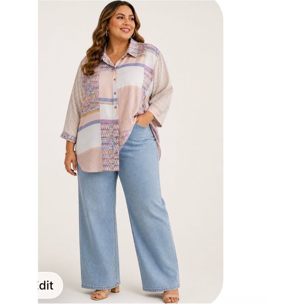 Rose + Olive Plus Size 3X Geometric Patchwork Button Up Blouse Abstract Top NEW
